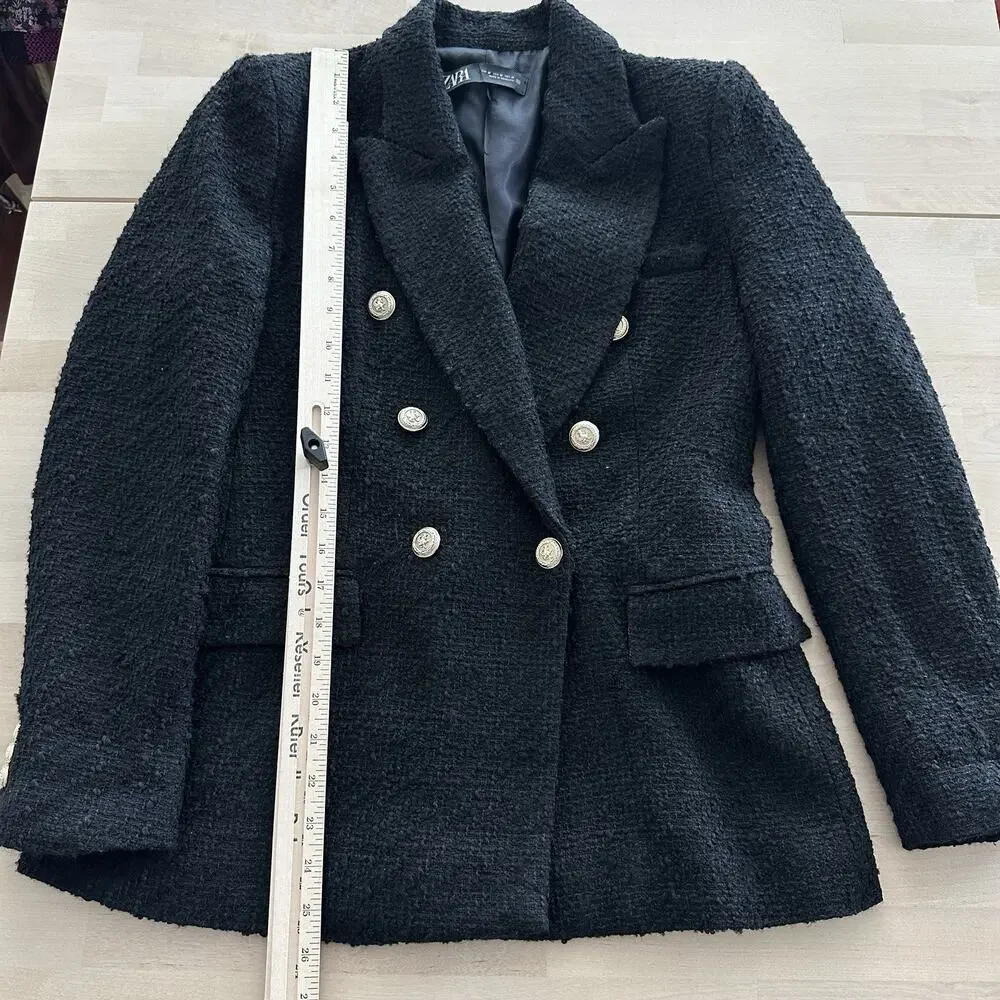 Zara Tweed Jacket Womens Medium Double Breasted Boucle Equestrian Academia Chic - Picture 14 of 16